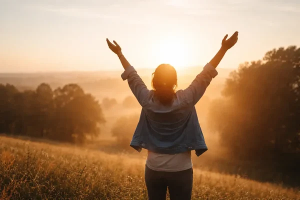 Person standing on a hill at sunrise with arms raised in gratitude, bathed in warm golden light.