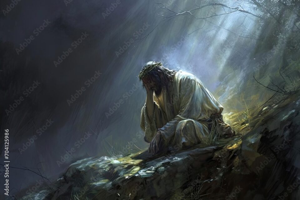 A depiction of jesus at gethsemane in deep anguish Illustrating human emotions and divine mission