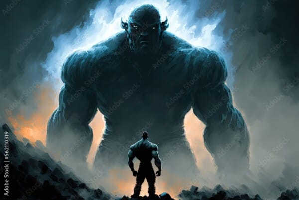 a muscular man facing his dark side showing as giant demon in front of him., idea for winning yourself , growth mindset theme, generative ai