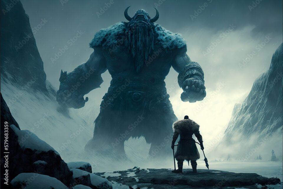 A Viking with an axe watches as a giant snow gigant Ai Generate