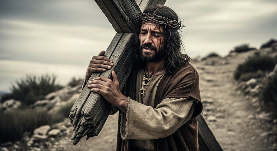 ai generated, god, jesus, messiah, christ, crucifixion, cross, beam, carry, weak, bible, goliath, biblical, christianity