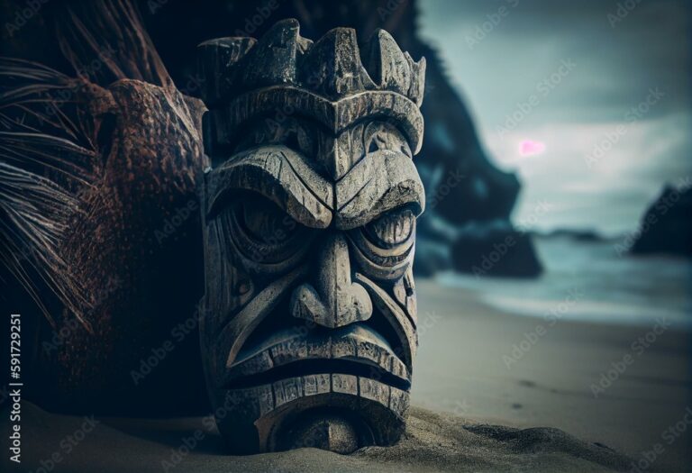 Ancient stone idols tiki mask on beach on exotic island. Generative AI