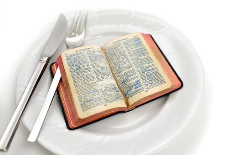 bible, plate, cutlery, holy scripture, new testament, book, scripture, religion, christianity, read, food, utensils, bible, bible, bible, bible, bible, scripture