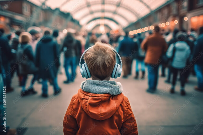 Boy on the autism spectrum wearing noise cancelling headphones from the back in a big crowd created with AI generative tools