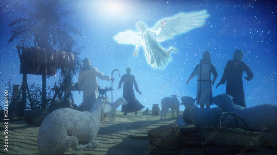 Christmas Angel announced to the shepherds the birth of Jesus birth in Bethlehem render 3d