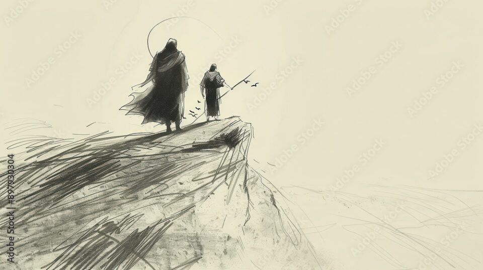 Genesis,The Sacrifice of Isaac:Minimalist sketch of Abraham and Isaac climbing the mountain, bold pencil lines on soft beige background biblical illustration, perfect for inspirational wall art.