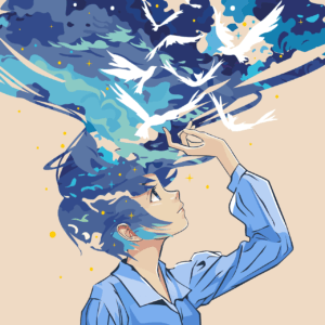 girl, blue, hair, pieces, mind, fell, sky, clouds, fantasy, nature, digital art, anime