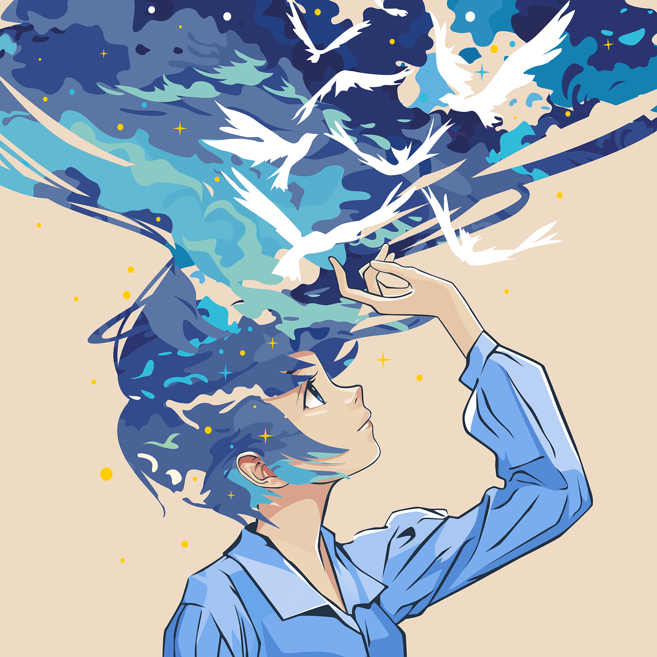 girl, blue, hair, pieces, mind, fell, sky, clouds, fantasy, nature, digital art, anime
