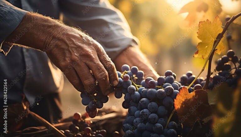 Hand farmer holdind ripe grapes in the vineyard field at sunset