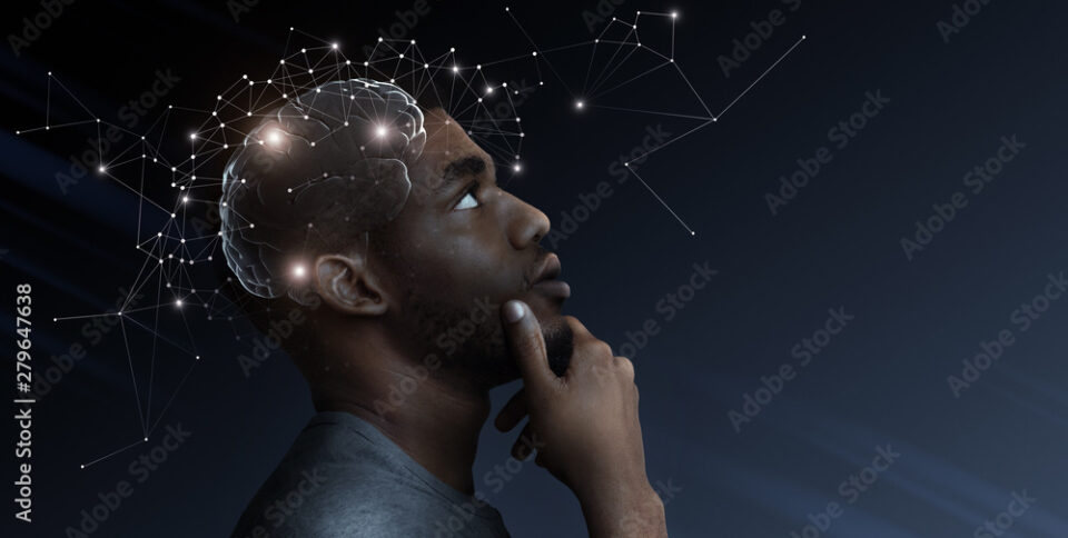 Ideas escape from brain of pensive african man