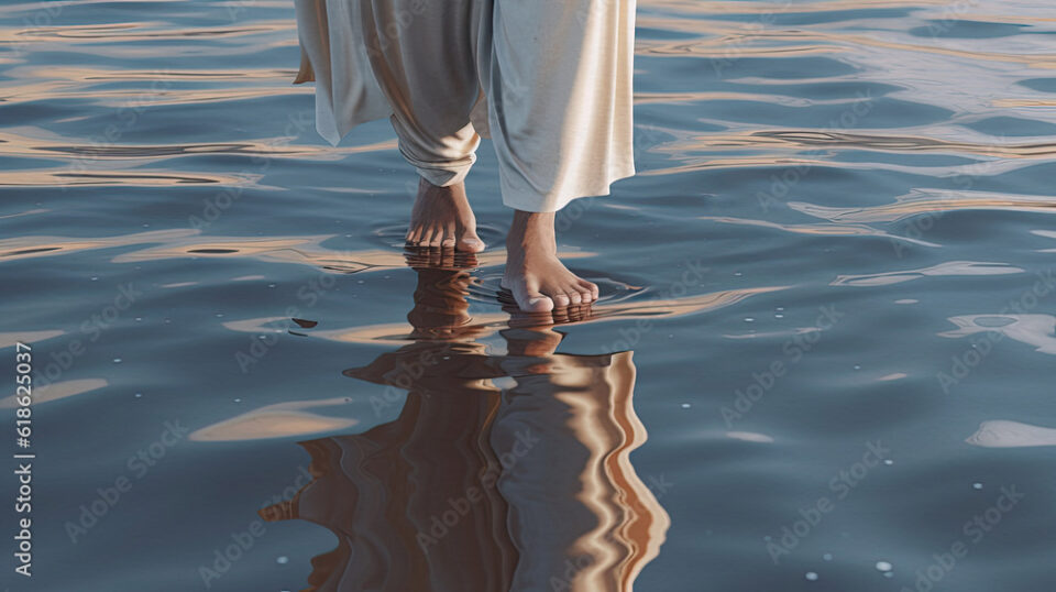 Jesus Christ walking on water of the Sea of Galilee, biblical illustration, generative ai