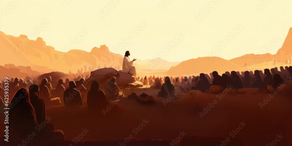 Jesus preaching to a crowd of followers in the desert