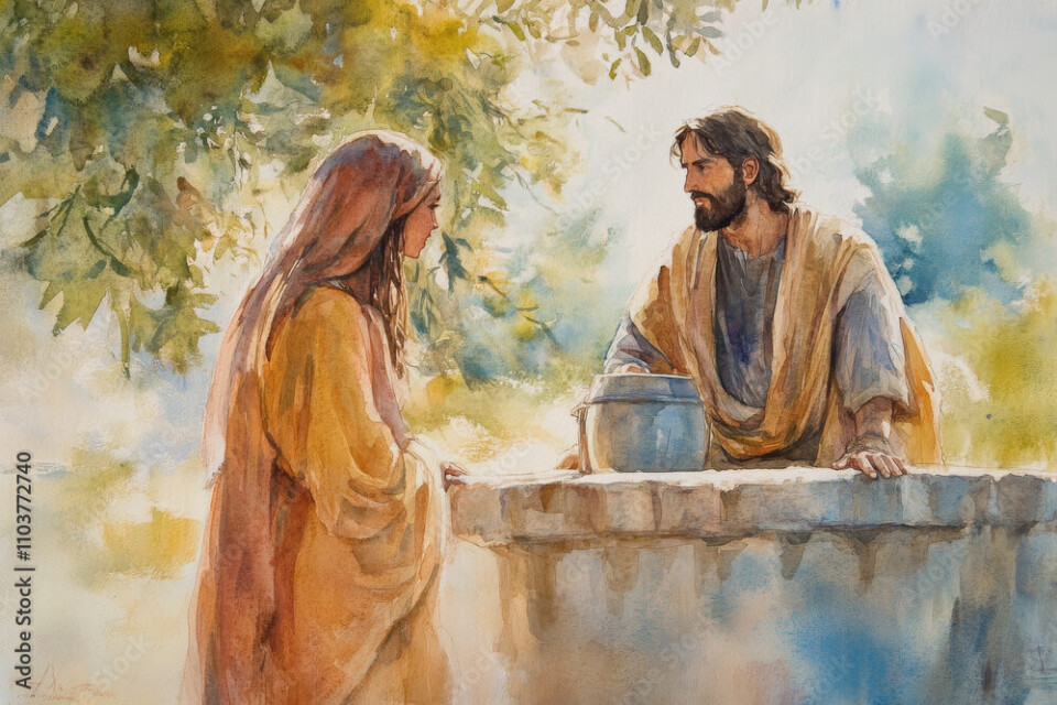 Jesus talking to a Samaritan woman at the well, offering her living water. The watercolor uses earthy browns, soft blues, and gentle whites to evoke acceptance, grace, and divine revelation.