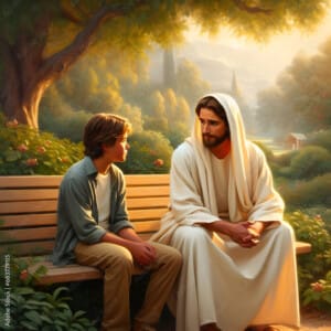 Jesus talking to teenager in the park