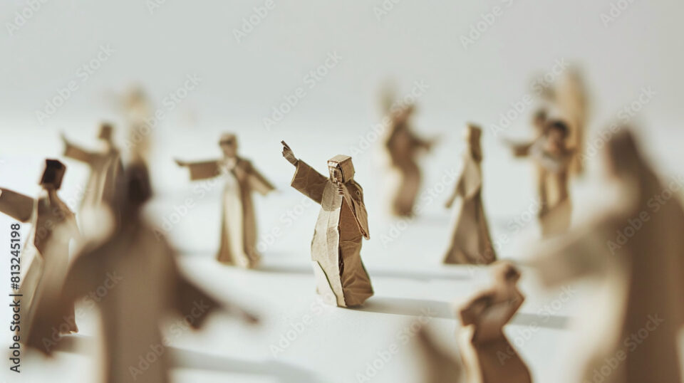 macro tilt-shift photography of tiny cardboard figures of  people preachers and believers praying God, on white background, biblic moment depict