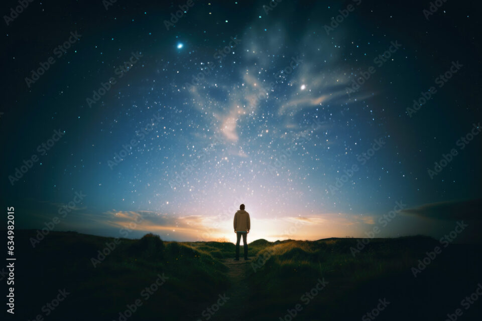 Man standing on the mountain at night with starry sky and Milky Way