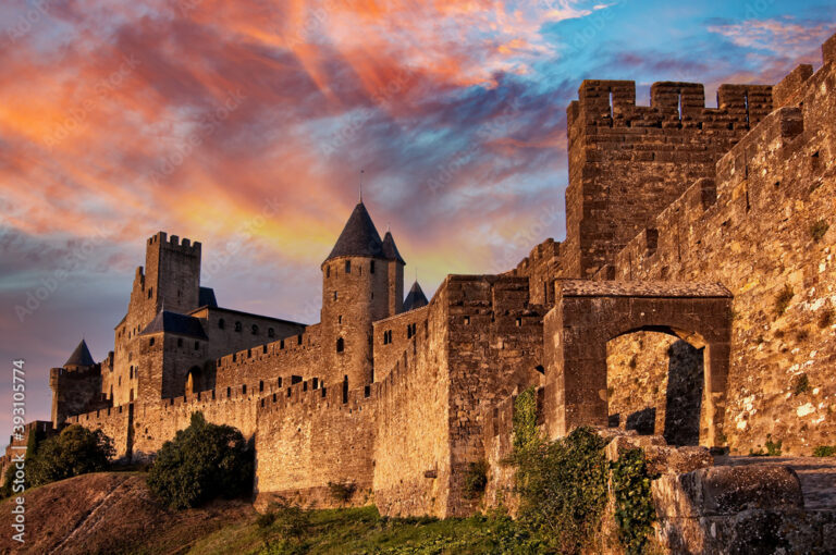 Medieval fortress of Carcassonne at sunset, France