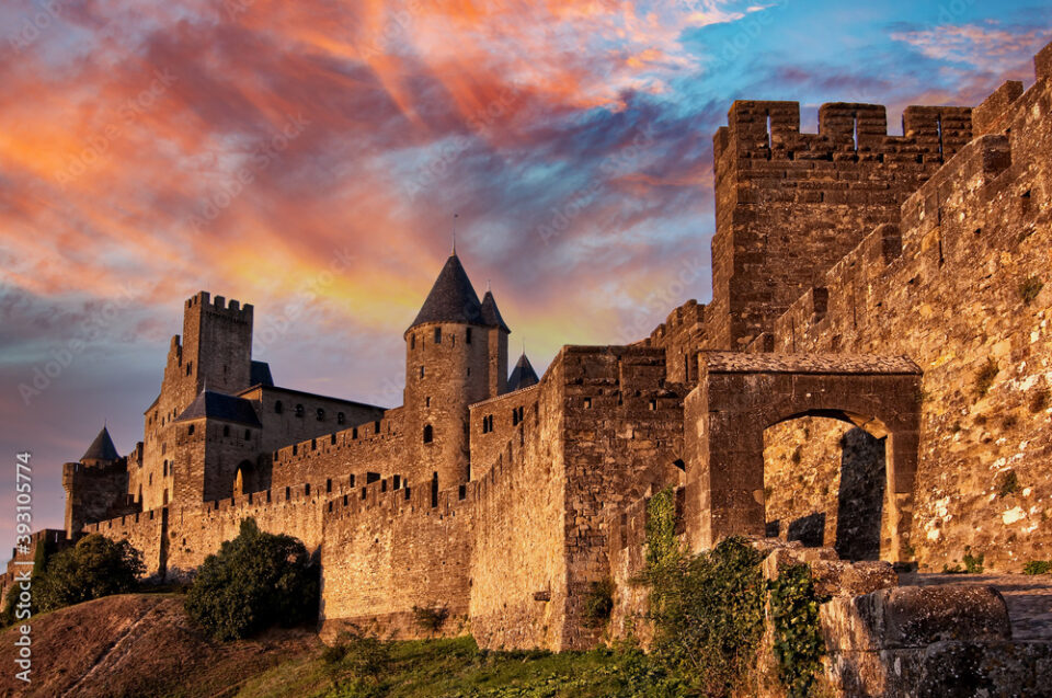 Medieval fortress of Carcassonne at sunset, France