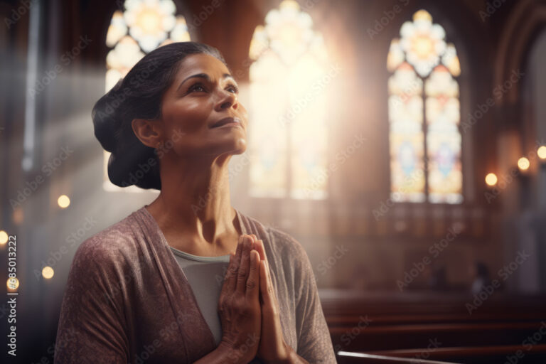 Middle aged woman standing in church folded her hands in prayer. Woman asks God for help, praying to God with hope and gratitude