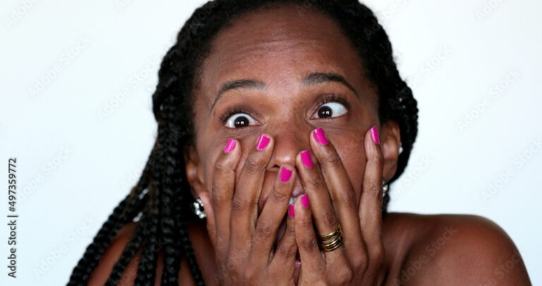 Neurotic nervous African american woman reacting with TERROR emotion