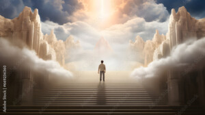 Path leading to heaven, man stands in front of the Paradise gates