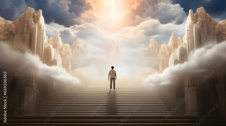 Path leading to heaven, man stands in front of the Paradise gates