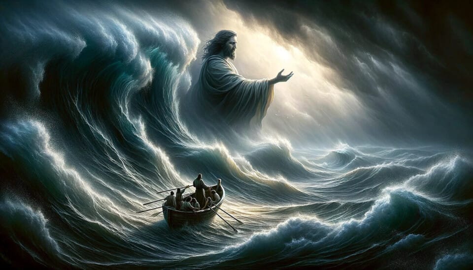 people, boat, middle, terrible, storm, god, taking, care, safety, protection, faith, generated by ai