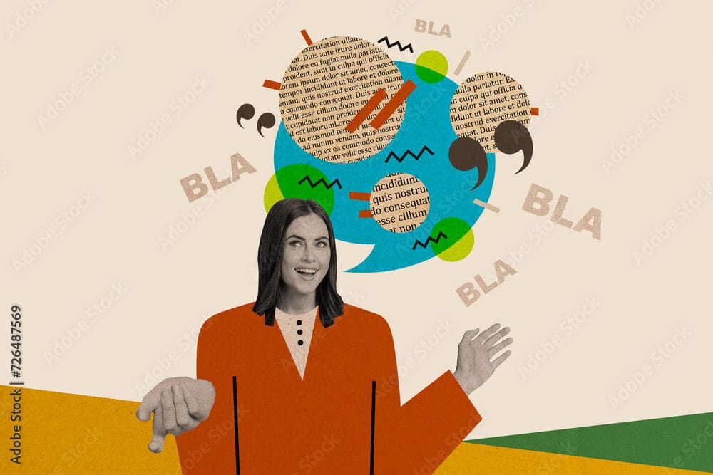 Photo collage young talkative girl communicate phrase quote cite share opinion literature text page background conversation chatterbox