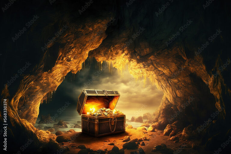 picture of a cave with an open treasure box filled with shiny gold. Generative AI