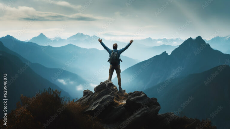 Positive man celebrating on mountain top, with arms raised up,  Generative AI illustration