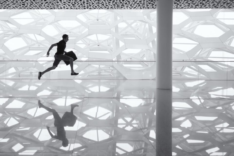 running man, glass floor, reflection