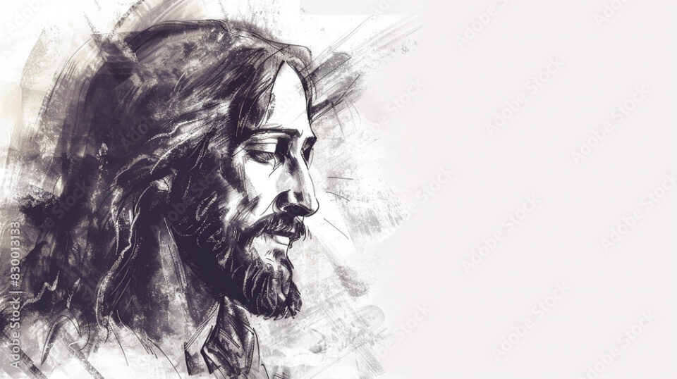 sketch drawing of jesus with copy space