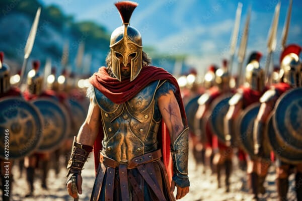 Spartan army. Spartans dressed in armor march in formation.