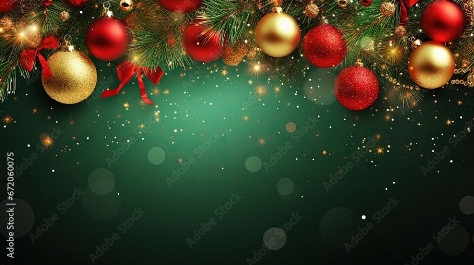 Square banner with gold and red Christmas symbols and text. Christmas tree, balls, golden tinsel confetti and snowflakes on green background. Header for website template.