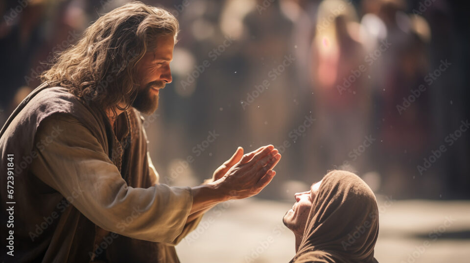 The healing of the blind man by Jesus, showing the moment of the miracle, Life of Jesus, blurred background, with copy space