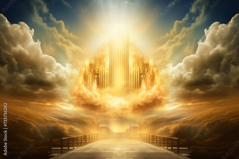 The throne of god that comes from heaven with bright light behind.