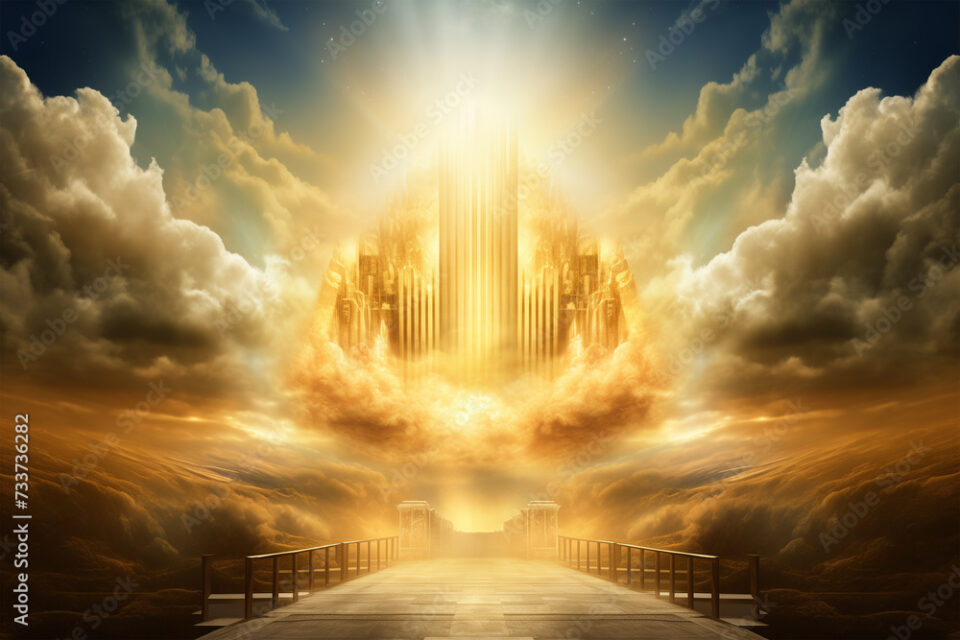 The throne of god that comes from heaven with bright light behind.