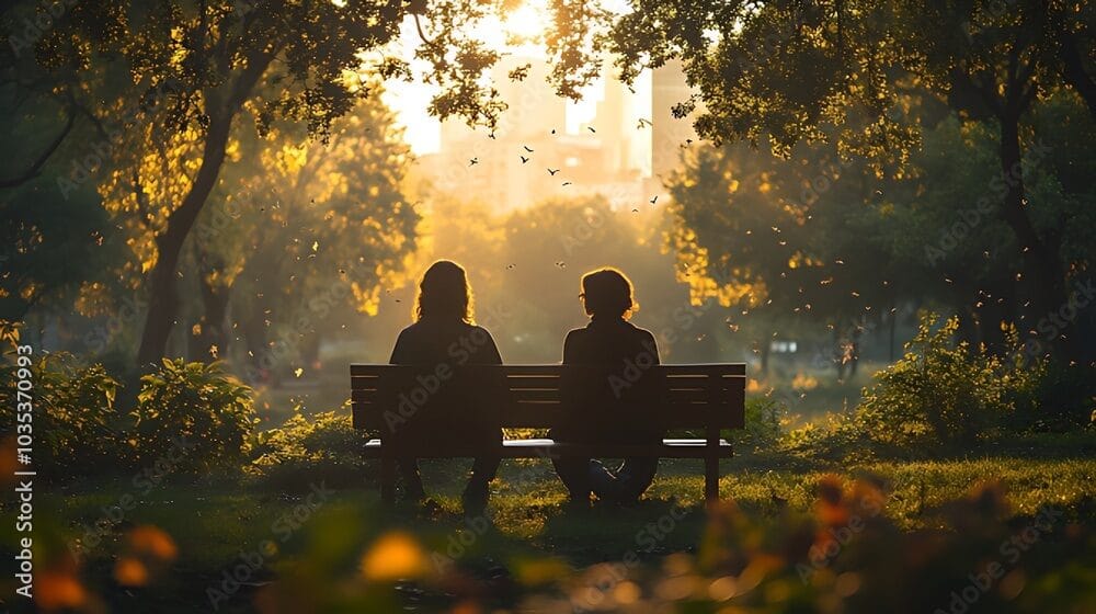 Two people sit on a bench in a park, silhouetted against the sunset.