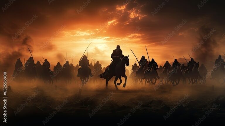 Warriors on foggy sunset background fighting in a medieval battle scene with cavalry and infantry