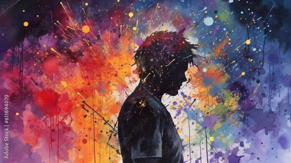 Watercolor Silhouette Man Surrounded by Chaotic Paint Splatter, Mental Health Concepts, Generative AI