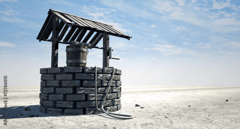 Wishing Well With Wooden Bucket On A Barren Landscape