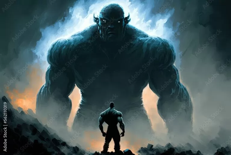 a muscular man facing his dark side showing as giant demon in front of him., idea for winning yourself , growth mindset theme, generative ai