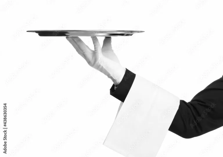 Elegant butler holding silver tray isolated on white, closeup