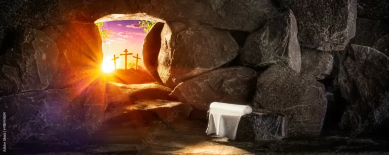 Empty Tomb With Linen Cloth At Sunrise With Sunlight Shining Through The Open Door And Three Crosses In The Distance - Crucifixion And Resurrection Concept