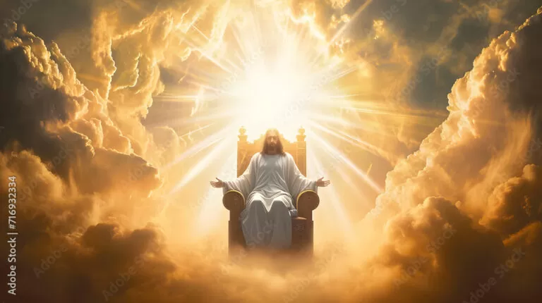 Jesus on a throne in heaven with bright light behind