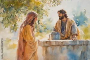 Jesus talking to a Samaritan woman at the well, offering her living water. The watercolor uses earthy browns, soft blues, and gentle whites to evoke acceptance, grace, and divine revelation.