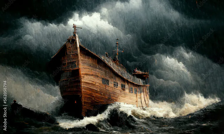 Noah's ark in a stormy sea painting. Generative AI illustration