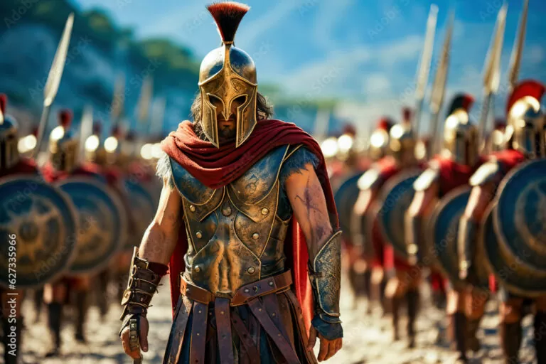 Spartan army. Spartans dressed in armor march in formation.